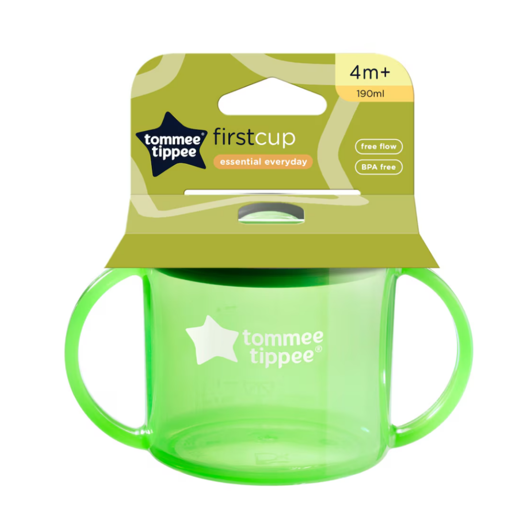 Tommee Tippee Free Flow First Cup Essentials 4m+ 190ml with leak-resistant flip-down spout and comfortable grip handles