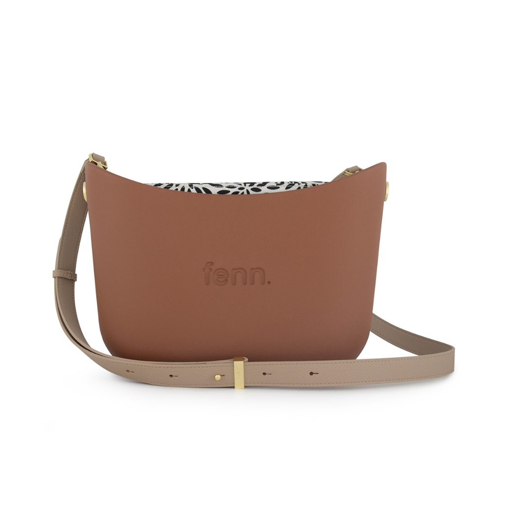 Fenn Messenger Bag Collection Tan with Pattern Inner, Gold Zip & Light Stone Flat Handles