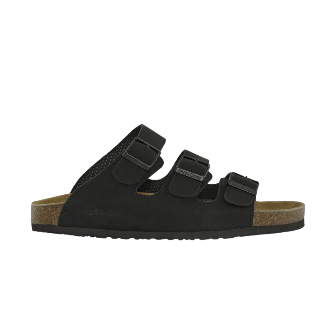 Green Cross 71919 men's black nubuck leather 3-strap sandal with buckle fastening and cork footbed
