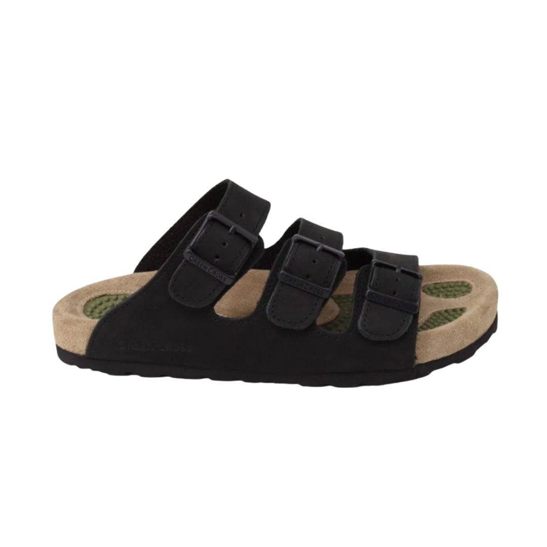 Green Cross 71920 black leather men's 3-strap sandal with adjustable buckle straps