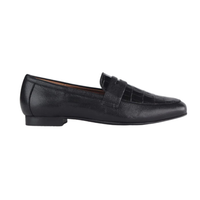 Froggie 12587 black leather penny loafer with croc texture detailing and memory foam cushioning