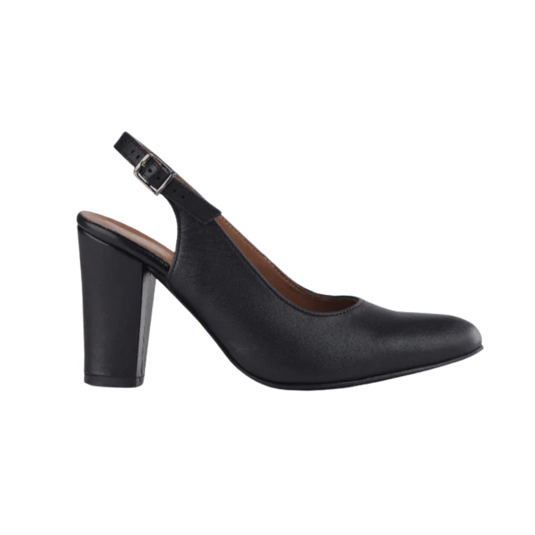 Froggie 12790 black leather block heel slingback pump with soft pointed toe, 90mm heel