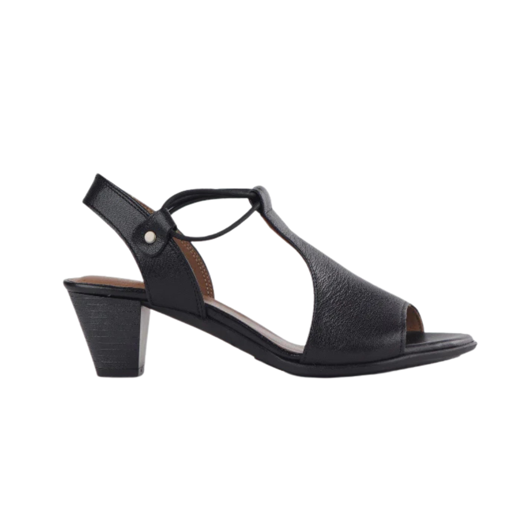 Froggie 12142 black leather elasticated T-bar sandals for women, designed for comfort in Namibia's hot climate