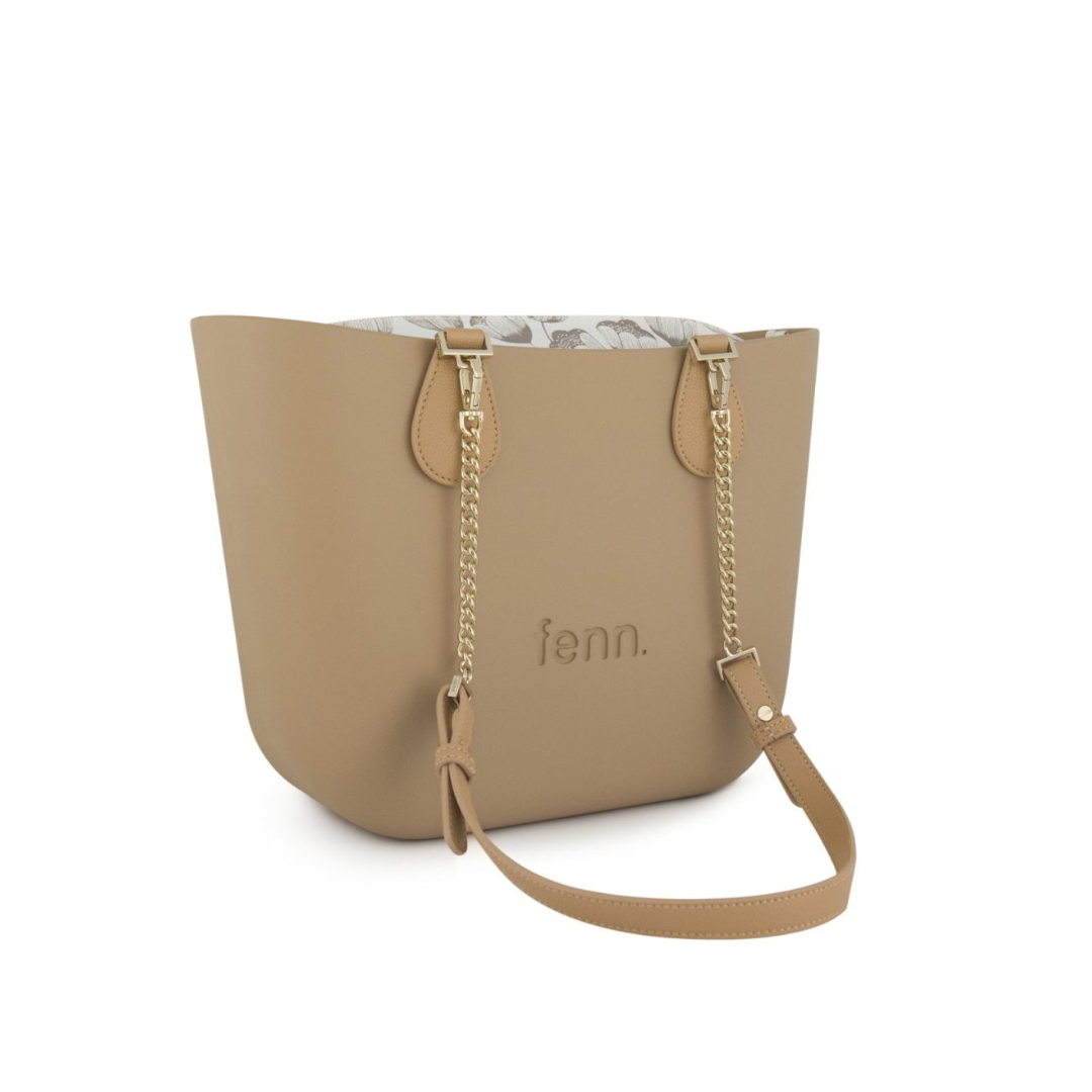 Fenn Petite Collection Camel with Pattern Inner, Gold Zip & Light Tan/Gold Chain