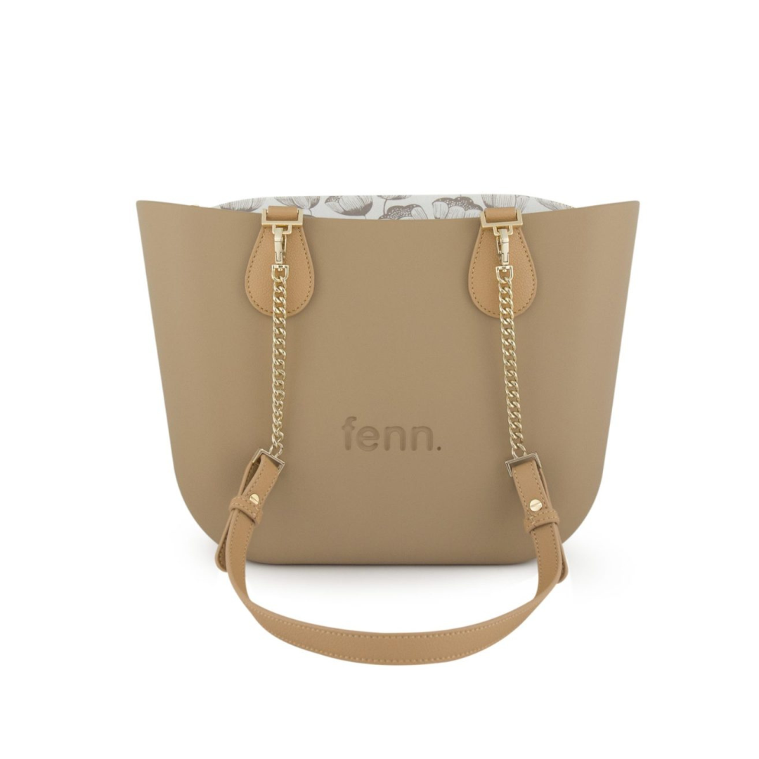 Fenn Petite Collection Camel with Pattern Inner, Gold Zip & Light Tan/Gold Chain