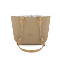 Fenn Petite Collection Camel with Pattern Inner, Gold Zip & Light Tan/Gold Chain