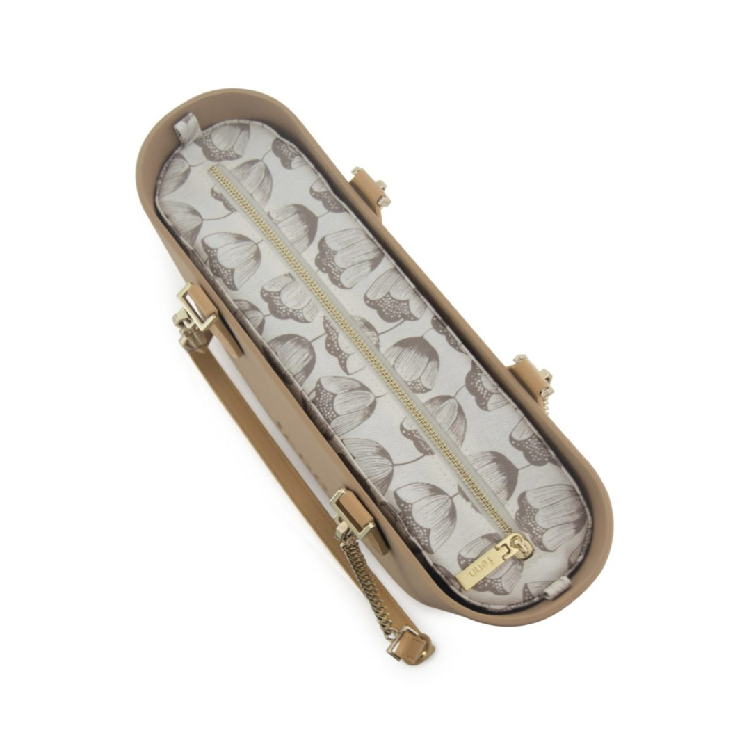 Fenn Petite Collection Camel with Pattern Inner, Gold Zip & Light Tan/Gold Chain