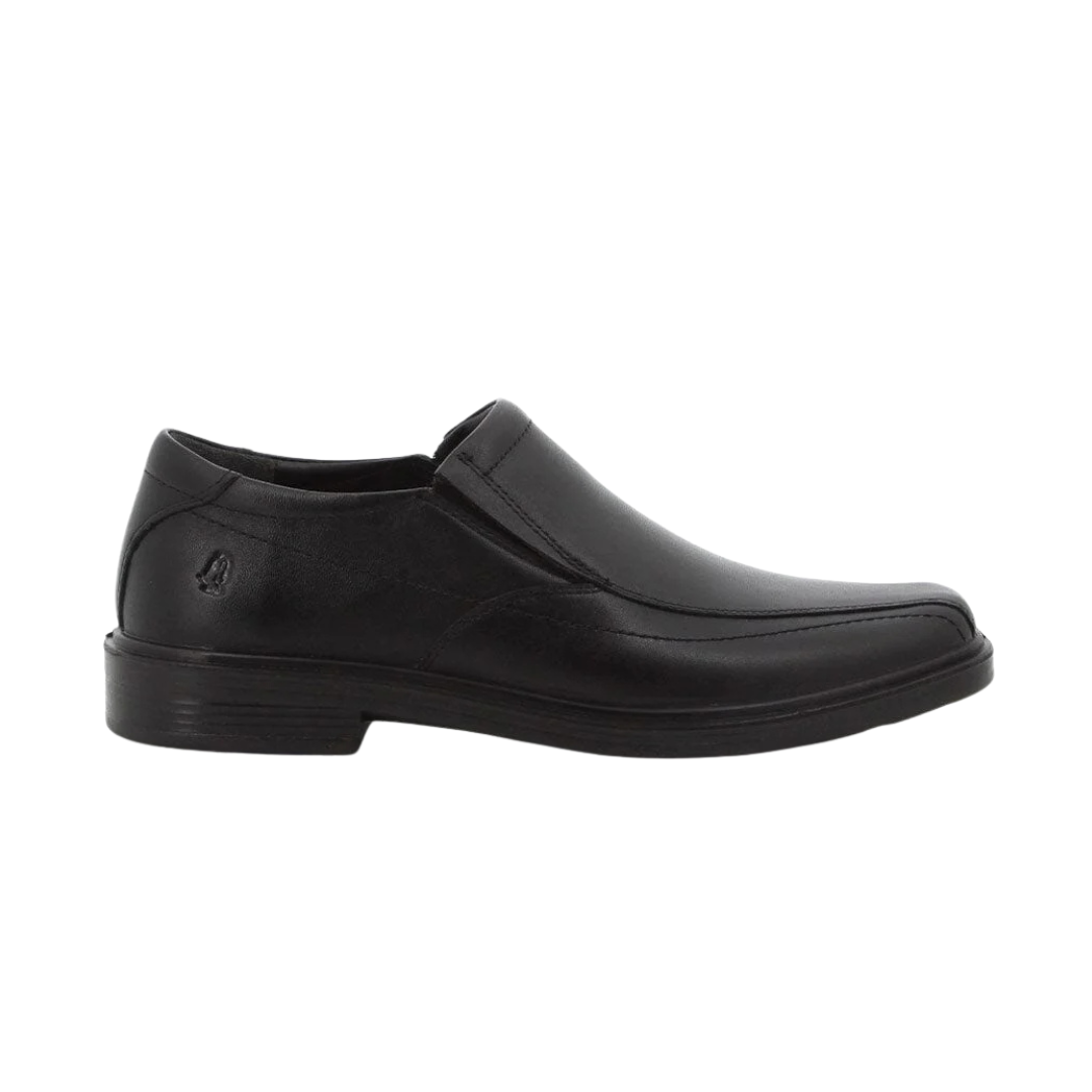 Black leather waterproof slip-on formal shoe for men by Hush Puppies Rainmaker