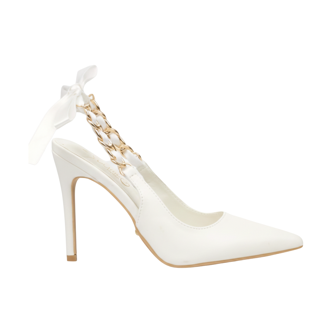 Miss Black Lola 29 white faux leather court heel with pointy toe and slingback gold chain detail