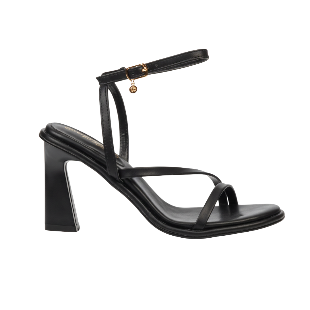Miss Black Nutella 1 black faux leather heels with round toe and ankle strap for women