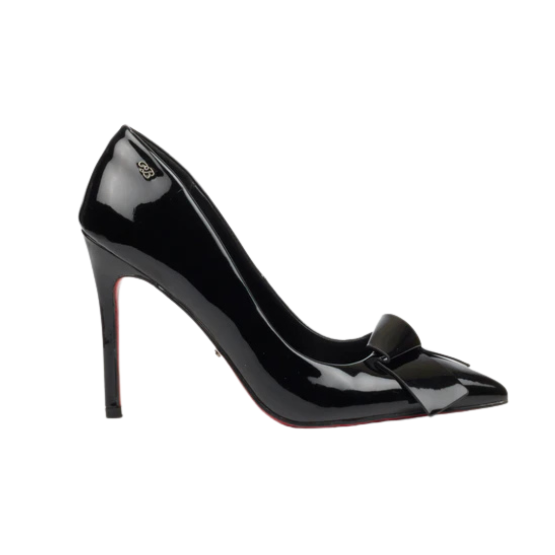 Black patent leather Miss Black Lola 65 court heel with pointed toe and folded bow detail