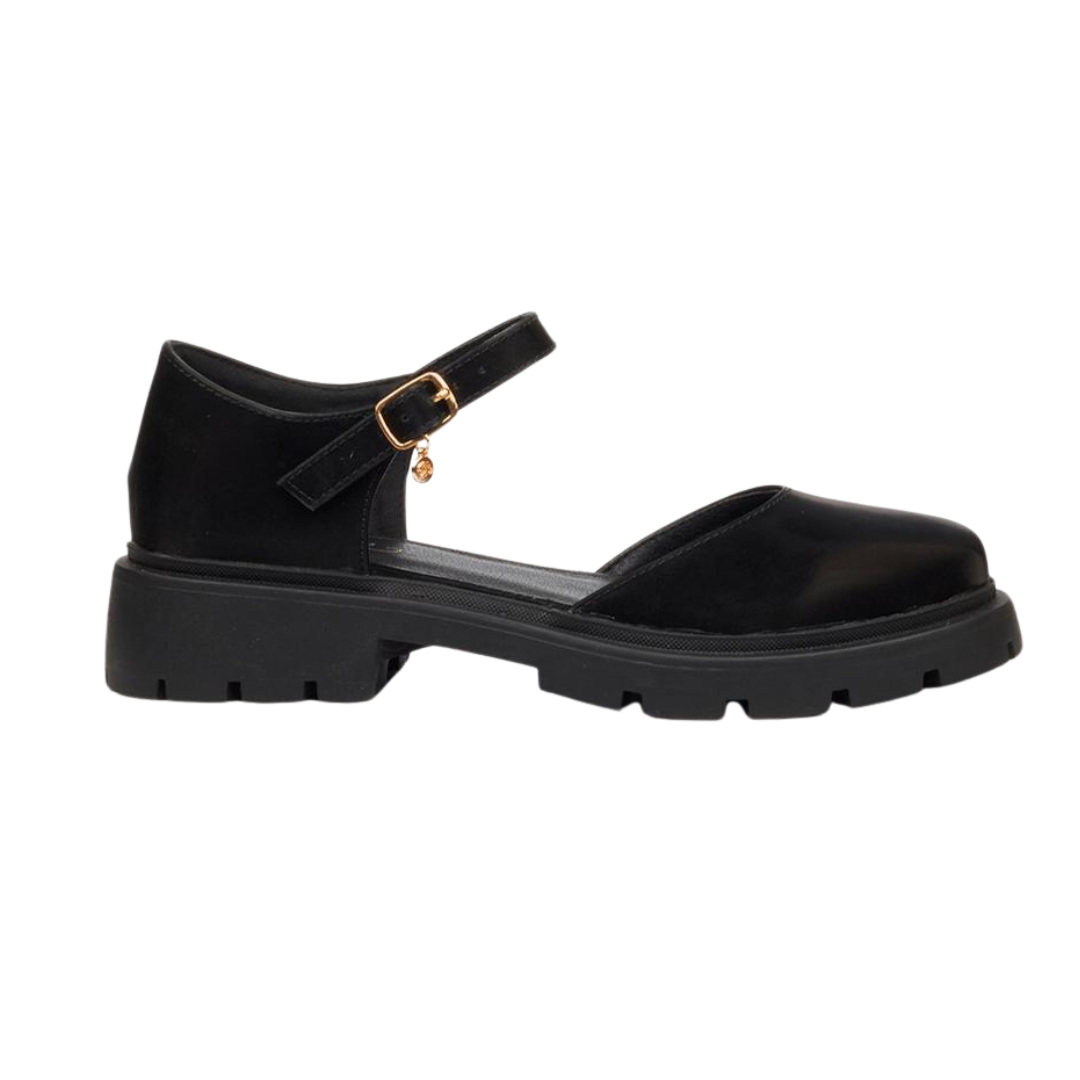 Miss Black Tipsy 11 black chunky Mary Jane shoe with buckle ankle strap and 4cm flatform sole for women